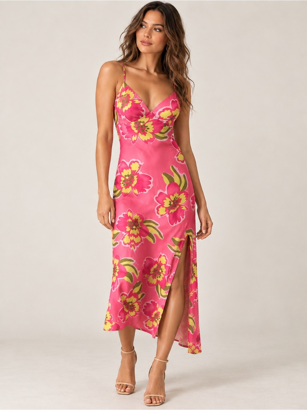 Pink Floral Slip Midi Dress with Side Slit